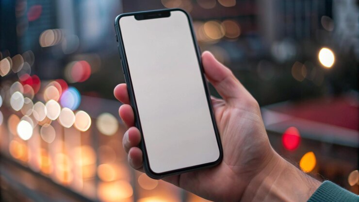 Hand holding smartphone with blank screen in front of city lights