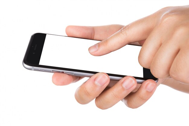 Hand holding a smartphone with blank screen and white background