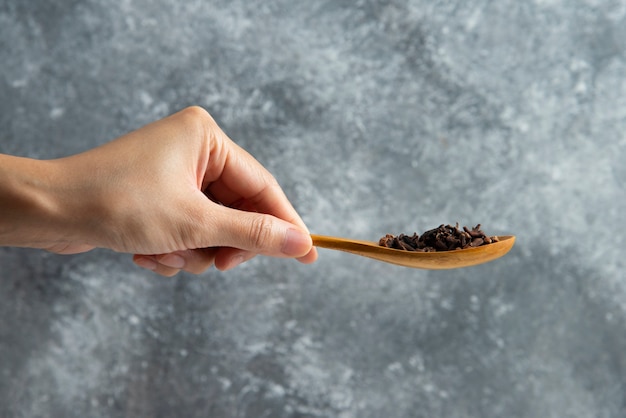 Hand holding a wooden spoon with dried cloves.