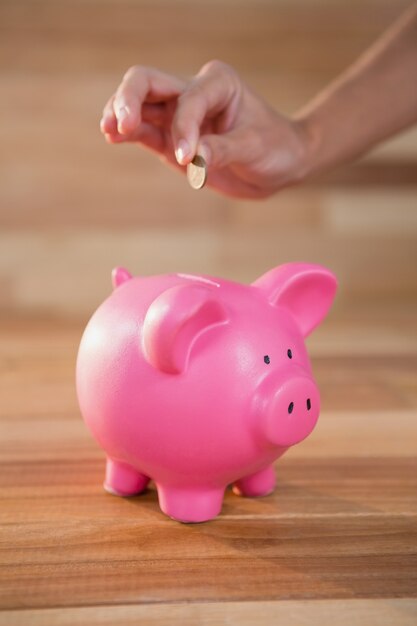 Hand inserting coin in piggy bank