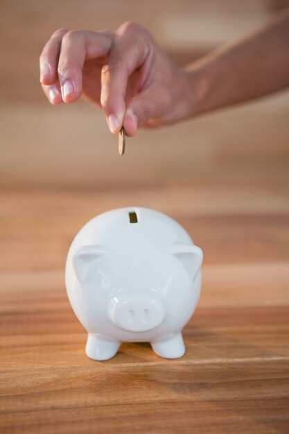 Hand inserting coin in piggy bank