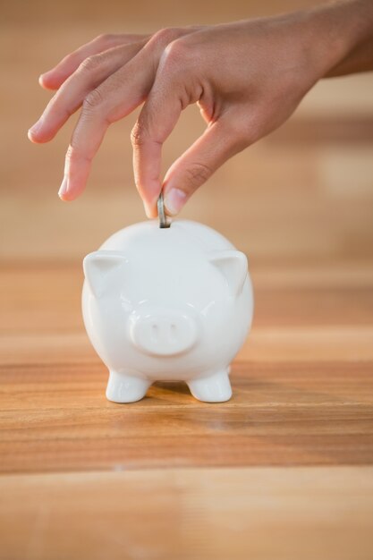 Hand inserting coin in piggy bank