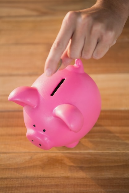 Hand inserting coin in piggy bank