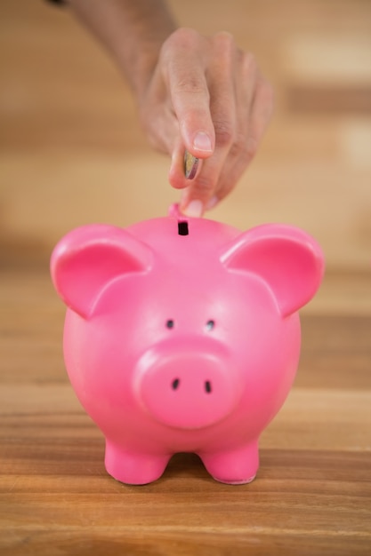 Free photo hand inserting coin in piggy bank