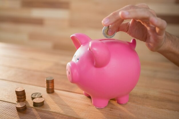 Hand inserting coin in piggy bank