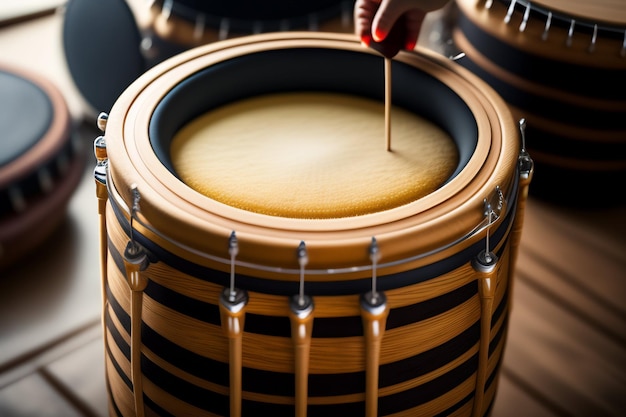 Free photo a hand is painting a drum with the word cheese on it.