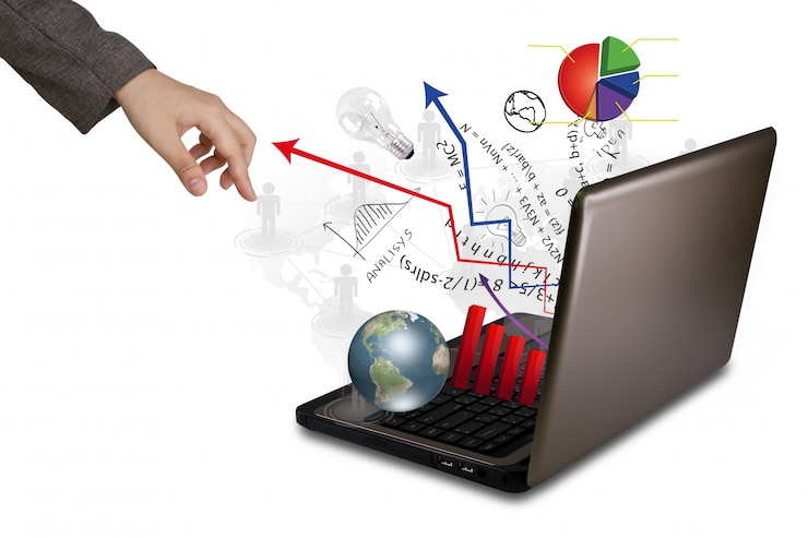 मुफ़्त फोटो hand near a laptop that expels graphics and arrows
