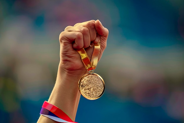 Бесплатное фото Рука женщины, поднимающей олимпийскую золотую медаль в знак победы