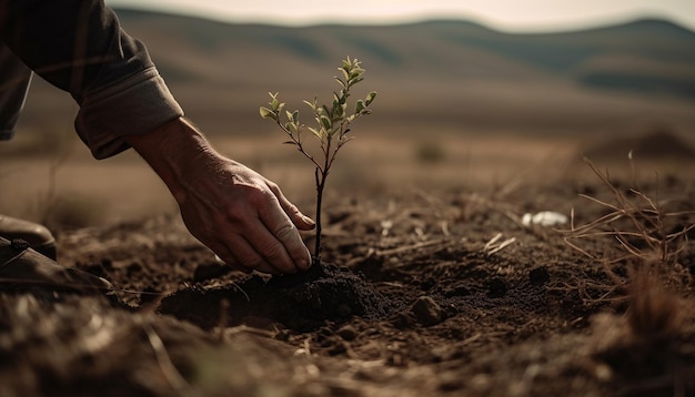 Бесплатное фото Рука фермера, сажающего новую жизнь на открытом воздухе, сгенерированная ии