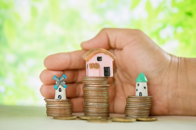 Hand pampered coins and small house model