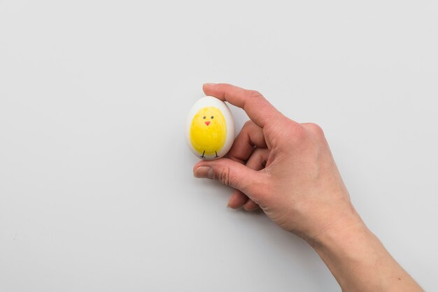 Hand of person holding egg with draw