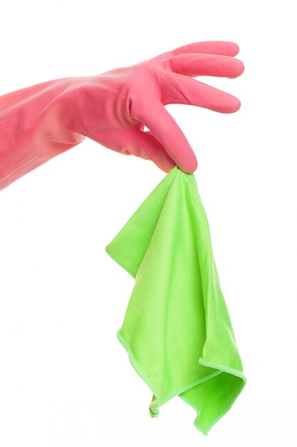 Hand in a pink glove holding cloth