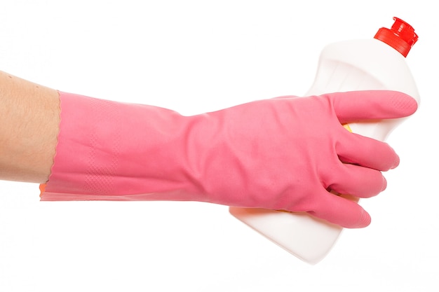 Рука в розовой перчатке держит жидкость