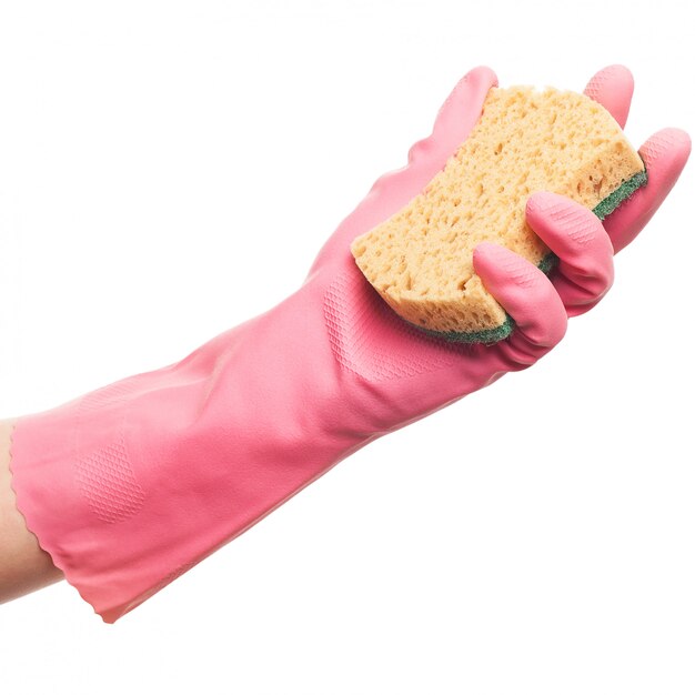 Hand in a pink glove holding sponge 