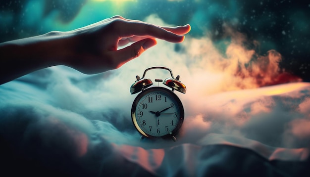 Hand pointing to midnight alarm clock rings generated by AI