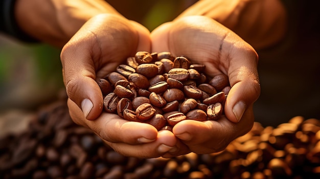 Рука, представляющая кофейные зерна, символизирующие время сбора урожая