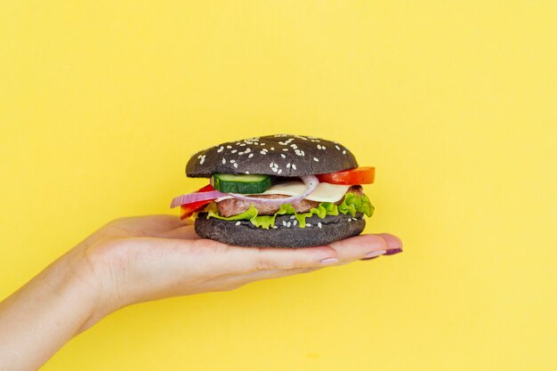 Hand presenting tasty cheeseburger