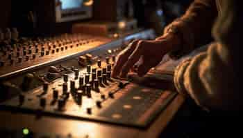 Free photo hand pushing knob on sound mixer in nightclub generated by ai