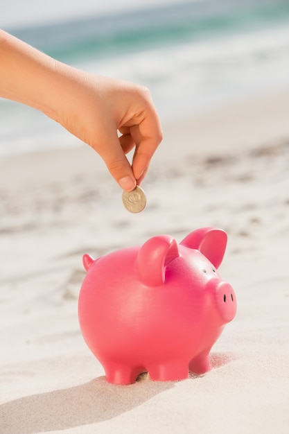 Hand putting a coin in the piggy bank