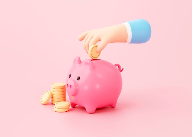 ピンクの背景の3dレンダリングでピンクの貯金箱のお金の節約の概念にコインを置く手