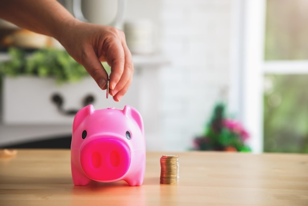 Hand putting coints into piggy bank saving money and money planning financial concept