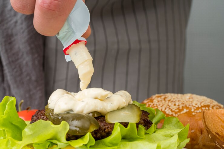 Free Photo hand putting mayonnaise on burger