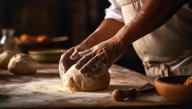 Free photo hand rolling rustic bread dough in homemade kitchen generative ai