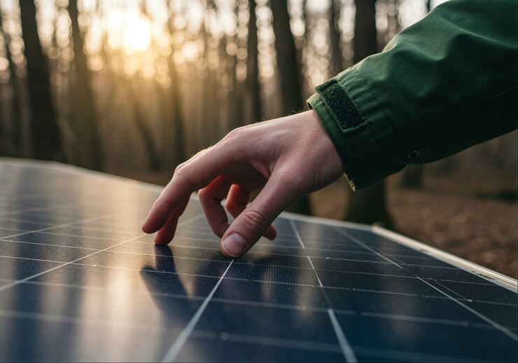 Free Photo hand touching a solar panel