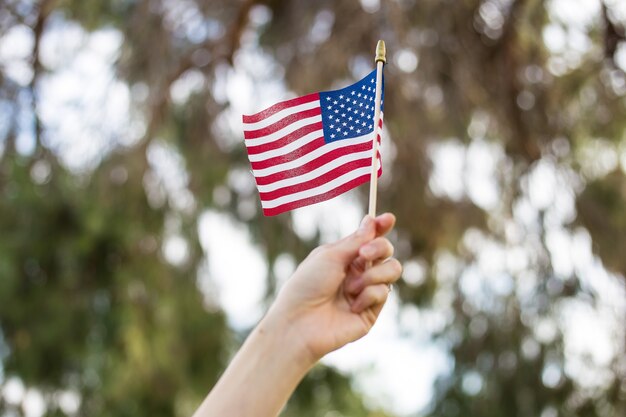 Hand waving an American fly outdoors