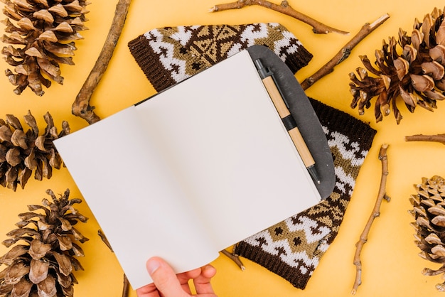 Hand with notebook between twigs and snags