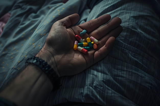 Free photo hand with pills dark environment