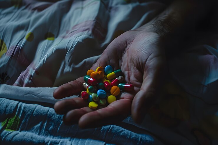 Free Photo hand with pills dark environment