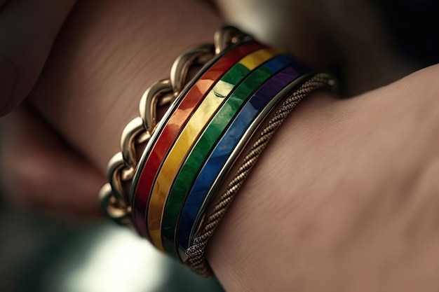 Una mano con un braccialetto dell'orgoglio lgbt arcobaleno