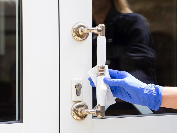 Free Photo hand with surgical gloves disinfecting door handle