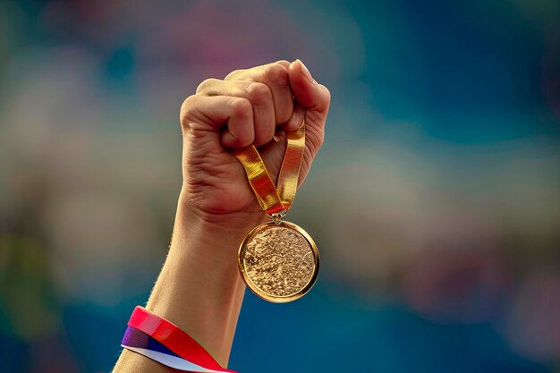 Free photo hand of a woman raising an olympic gold medal in victory