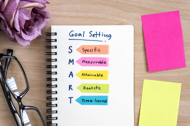Hand writing definition for smart goal setting on notebook