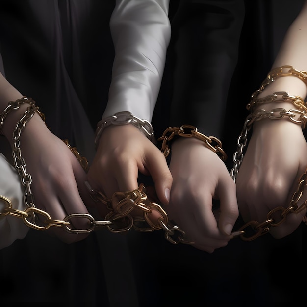 Free photo handcuffs in the hands of a mannequin on a black background