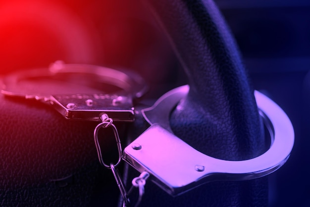 Handcuffs hanging on the steering wheel of the car. high quality photo