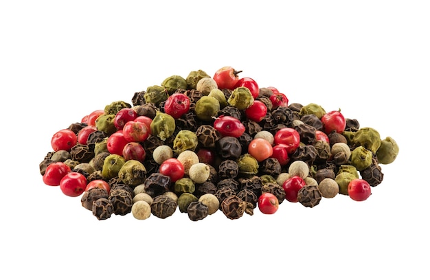 Free photo handful of mixtured peppercorns isolated on white background with copy space for text or images. spices and herbs. food, cooking, restaurant, packaging concept. frame composition, close-up, side view.