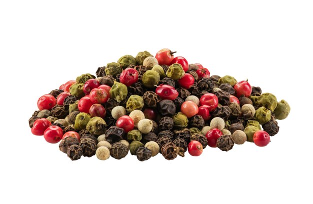 Handful of mixtured peppercorns isolated on white background with copy space for text or images. Spices and herbs. Food, cooking, restaurant, packaging concept. Frame composition, close-up, side view.