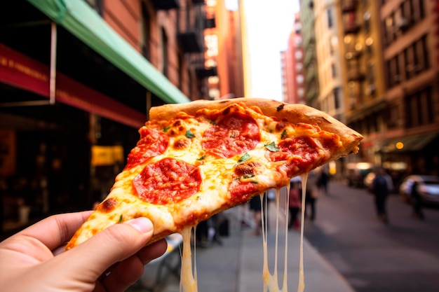 Free photo handheld new york style pepperoni pizza slice on a new york city street