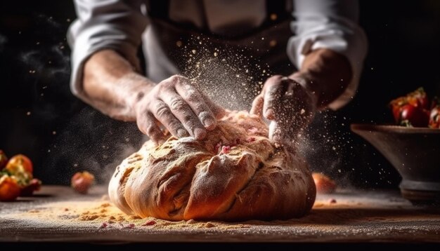 Handmade bread dough kneaded on wooden table generative AI