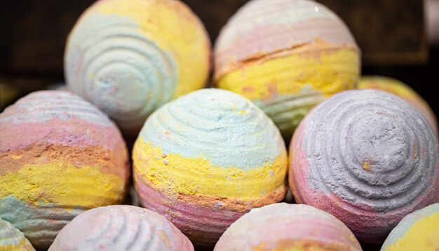 Handmade cosmetics, salt bright scented bath bombs. The concept of body care.