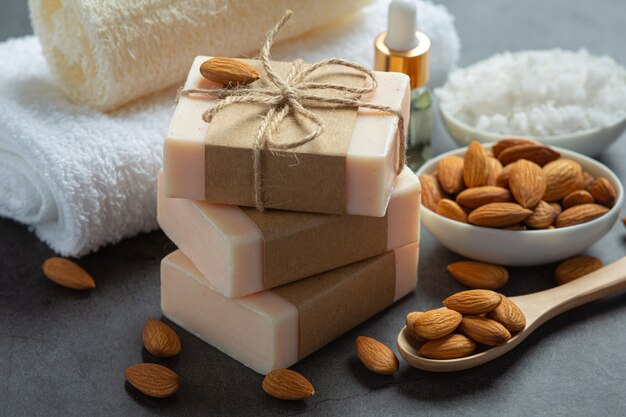 Handmade soap almond on dark background