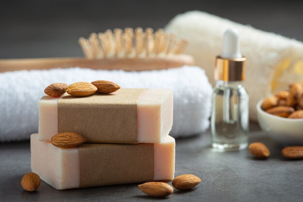 Handmade soap almond on dark background