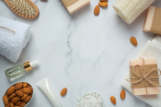 Handmade soap almond on marble background