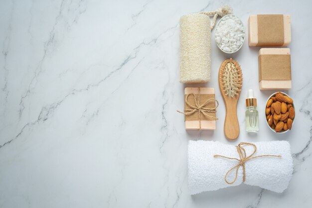 Handmade soap almond on marble background