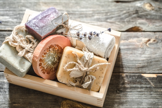 Handmade soap on wooden background