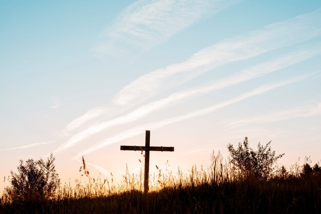 A handmade wooden cross in the filed under a blue sky