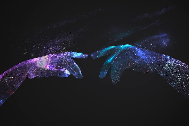 Hands in a digital universe background